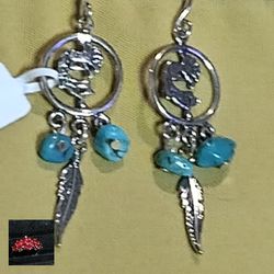 STERLING KOKOPELLI, MOJAVE TURQUOISE NUGGETS AND FEATHER PIERCED EARRINGS. HYPOALLERGENIC STERLING WIRES. *2-2/4" L* (E-212296) KOKOPELLI MEANING  👇