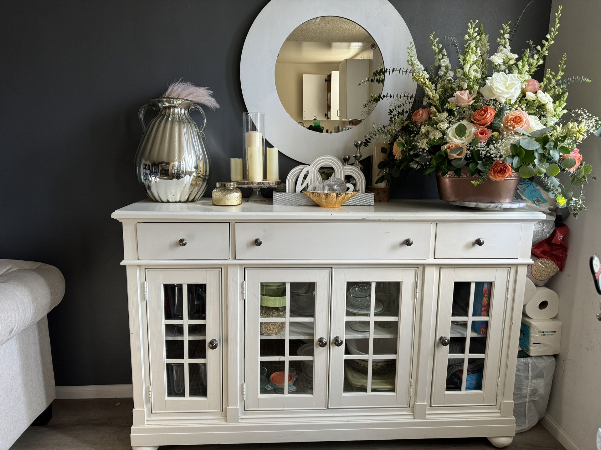 White Wooden Cabinet With The Mirror 