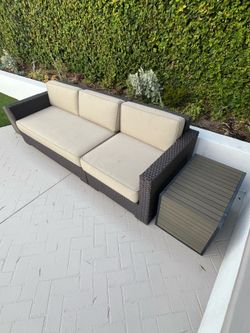 Crate & Barrel Outdoor Wicker Sofa and side tables