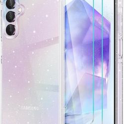 Samsung Galaxy A55 5G Case Glitter with 2 Pack Screen Protector, Clear Glittering Bling Cute Soft TPU Silicone Phone Case Sho