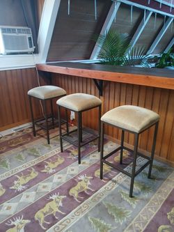 Set of 3 Counter-Height Barstools – Metal Frame & Padded Tan Cushions
