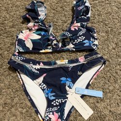 CUPSHE Women's Bikini Swimsuit Floral Ruffle Size Small Navy Low Rise Two Piece Bathing Suit 