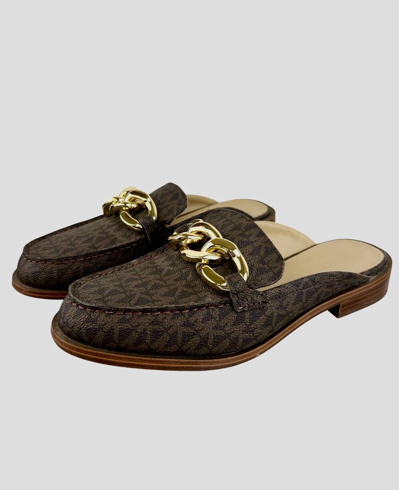 Michael Kors Scarlett Chain Slip On Mules Slip On Loafer Brown Logo (Sz 7.5)