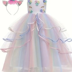2pcs Girls Unicorn Dress Set Lovely Rainbow Tutu Dress + Headband Kids Clothes For Party Gift Birthday Halloween