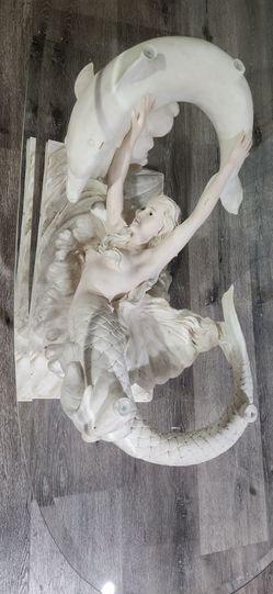 Vintage Mermaid & Dolphin Sculptural Glass Top Coffee Table Base - Nautical Decor