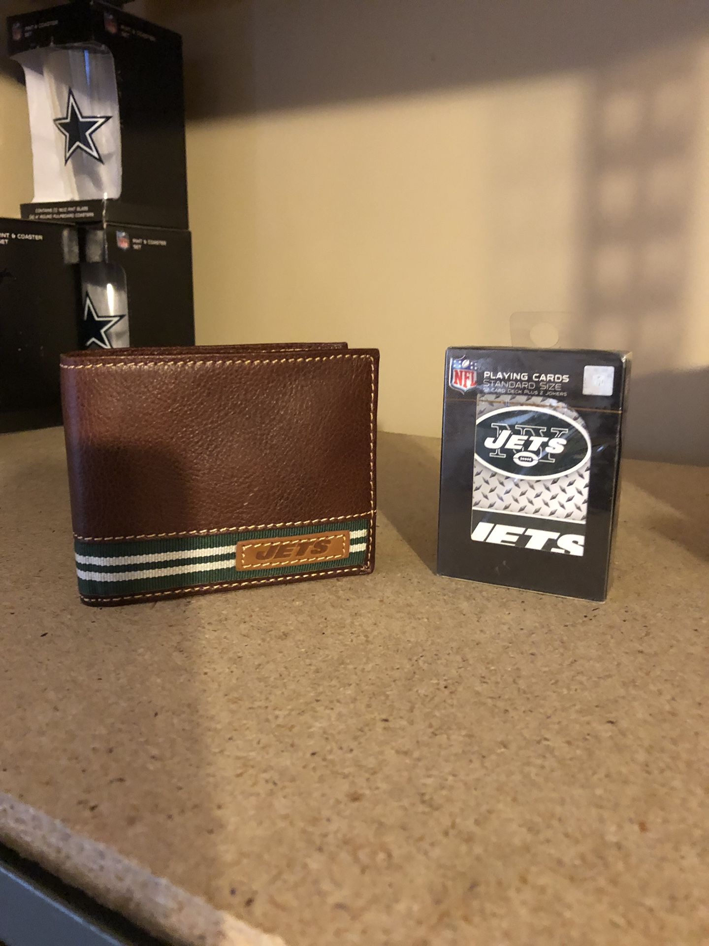 New York Jets leather bifold wallet and playing cards