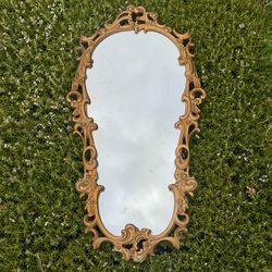 Gold Wall Hang Mirror Sexton Ornate Floral Metal Oval Scroll Hollywood Regency Vintage Gilt