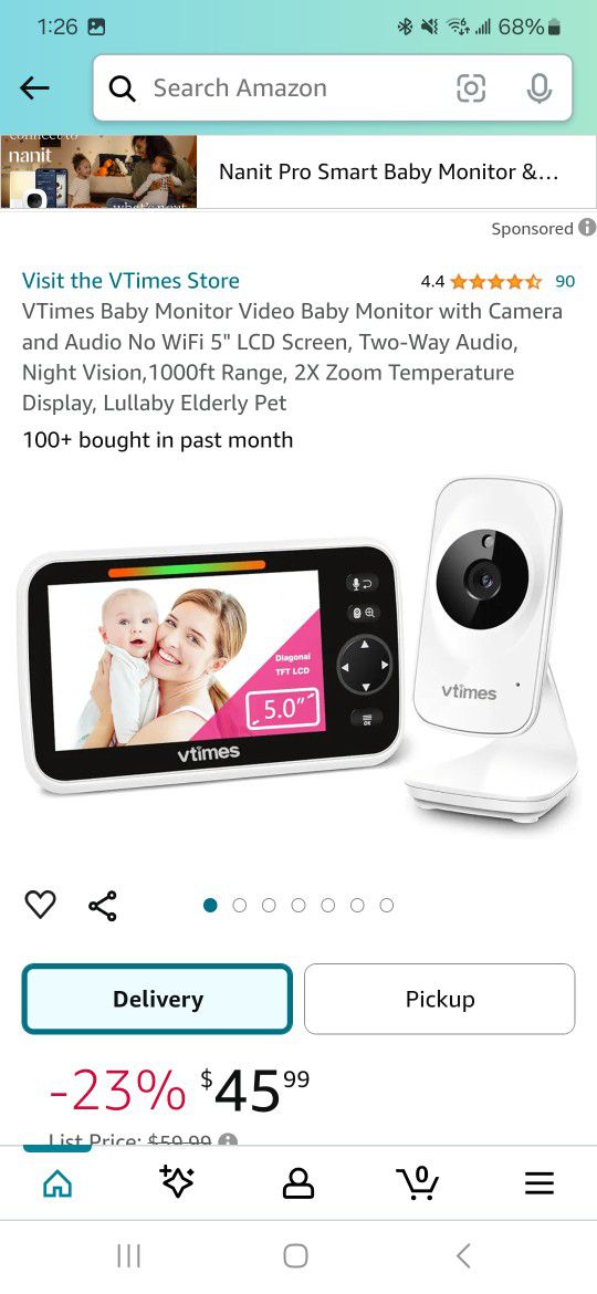 VTimes Baby Monitor Video Baby Monitor with Camera and Audio 5" LCD Screen, Two-Way Audio, Night Vision NEW