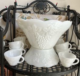 Anchor Hocking milk glass Harvest Grape pattern Salad/Punch Bowl with pedestal and 10 matching punch cups