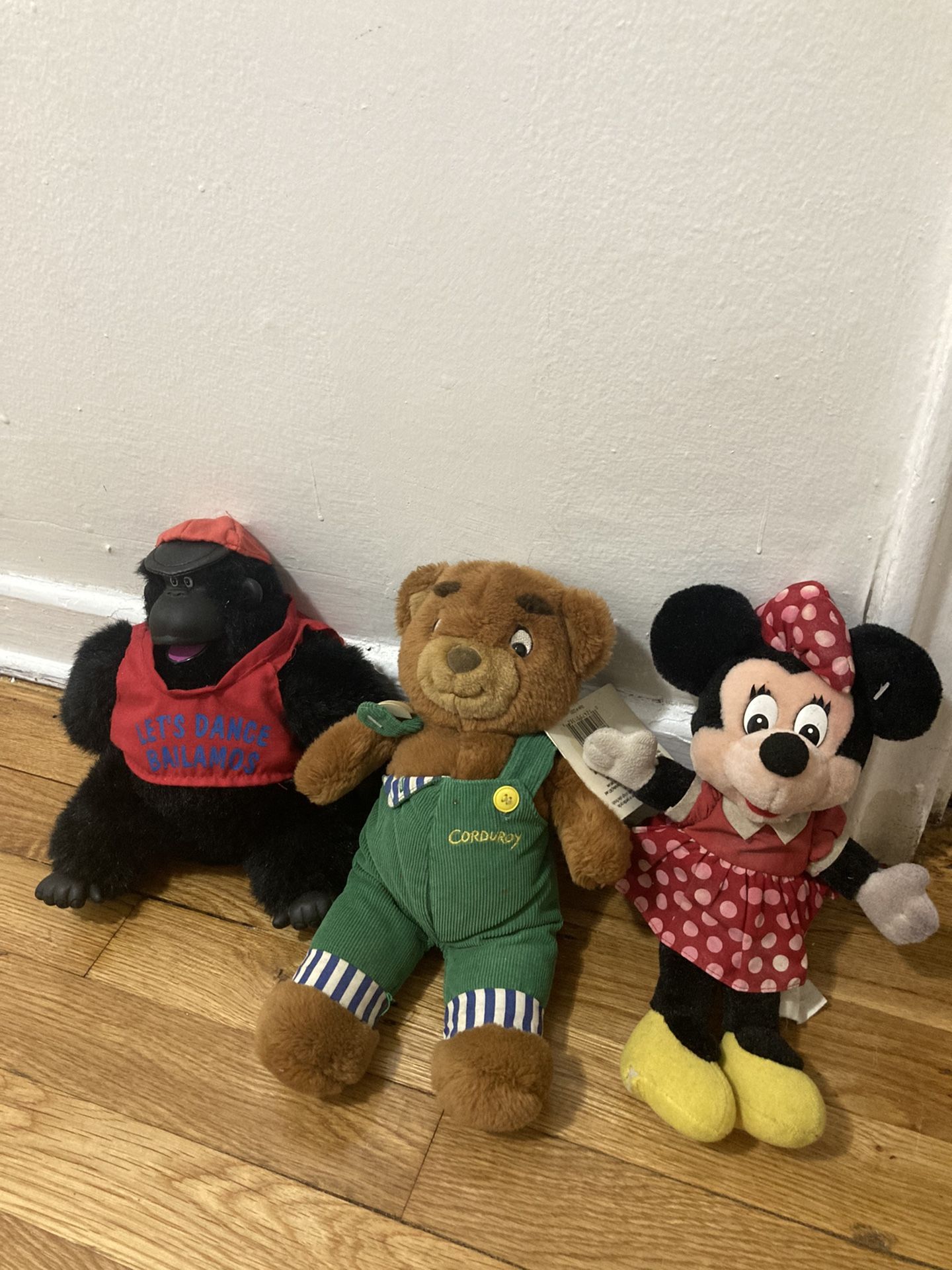 Bundle of 3 Vintage macarena gorilla , minnie mouse , corduroy bear plushie