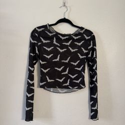 Black Mesh Bat Print Sheer Cropped Long Sleeve Gothic Top, Size M