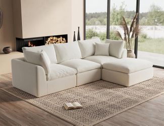 110" Modern Cloud Sectional Sofa with Ottoman, Warm White/Ivory