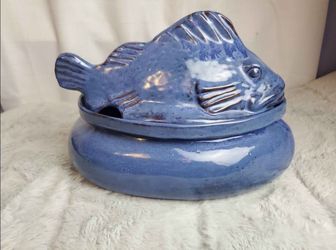 HTF Vintage Thora Cobalt Blue Fish Ovenware Covered Dish - Read