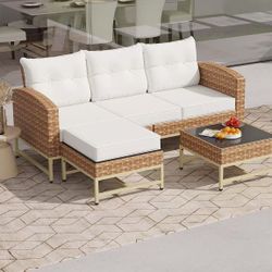 Patio Furniture Sets 4 Pieces Outdoor Sectional Sofa White All-Weather Rattan Wicker Sofa Small Patio Conversation Couch with Washable Cushion and Gla