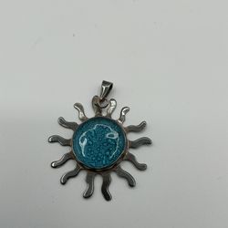 925 Sterling Sun Pendant Blue Glass 2”