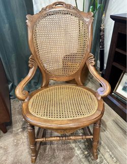 Antique Victorian Eastlake Caned Wood Rocking Chair / Rattan Rocker