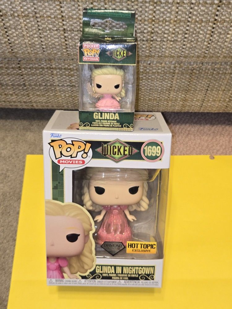 Wicked Glinda DIAMOND EXCLUSIVE & Keychain Funko Pocket Pop Combo Set