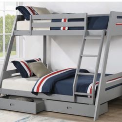  White/Grey twin/full bunk bed with drawers. Bunk bed only-$299. With mattresses-$525.Assembly required. Assembly not included. Free delivery. 