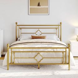 Gold Queen Size Metal Platform Bed Frame with Victorian Vintage Headboard