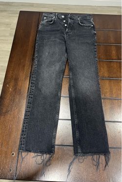 Zara Women Black Denim Jeans Size 4 High Waisted Cropped Flare Raw Hem Frayed