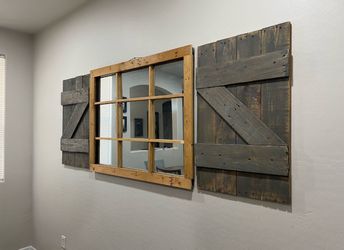 Beautiful Custom Made Farmhouse Style Wall Decor Set, Features Windowpane Mirror Flanked, Rustic Barn Wood Shutters.