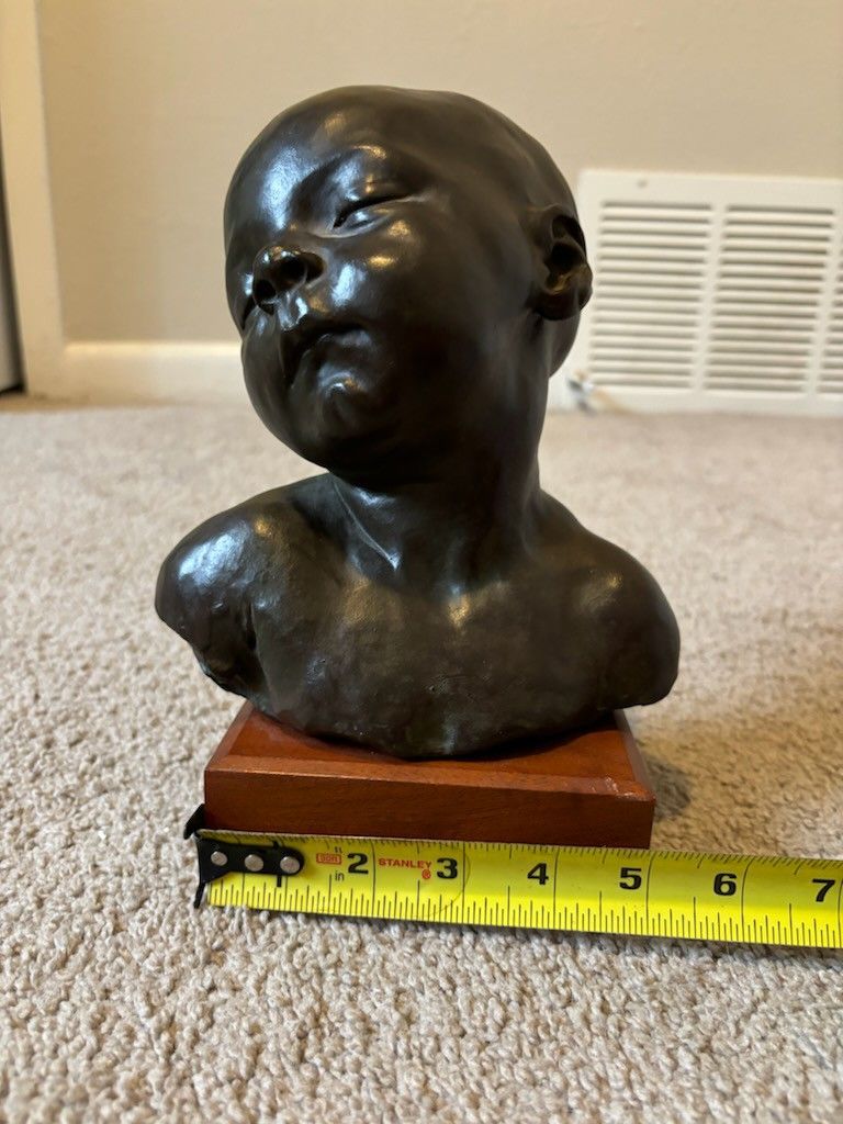 Vintage Alvastone reproduction desktop or bookshelf sculpture by Alva Museum Replicas Sleeping Baby sculpture by Jules Dalou. “Aime-J