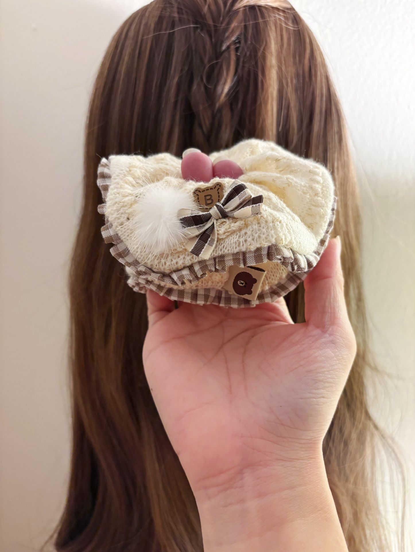 Light cream color with brown plaid pattern fluffy scrunchie/hair tie