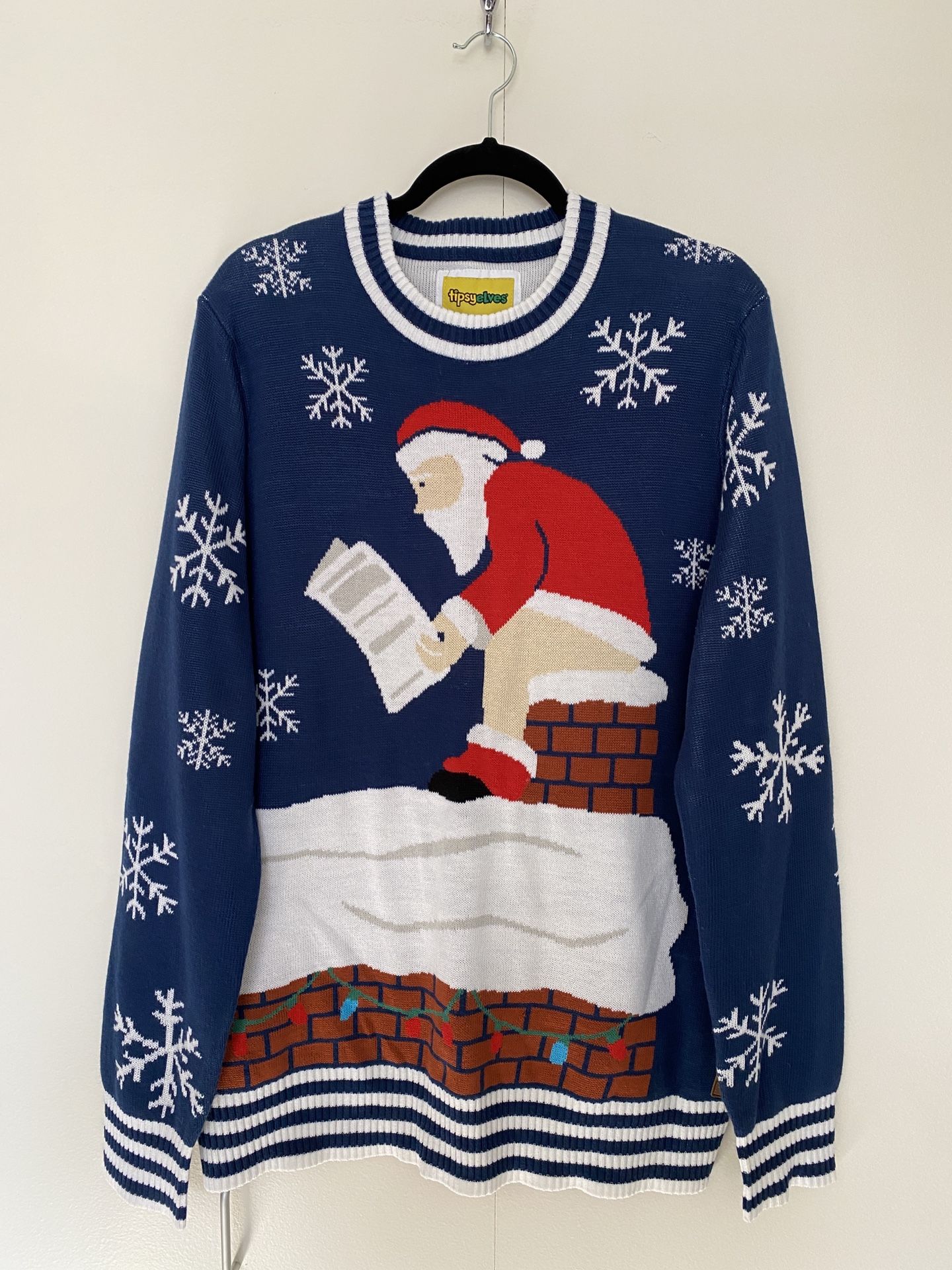 Tipsyelves Men’s Ugly Christmas Sweater Pullover Funny Santa Log On The Fire Blue Red XL