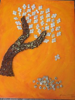 Mother of pearl Button/glass acrylic on canvass