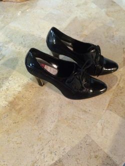 Black leather bootie heels