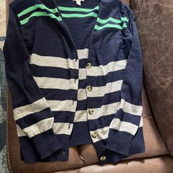 Women Arizona Cardigan Sweater Button Up Size Large Navy Blue  Stripped 