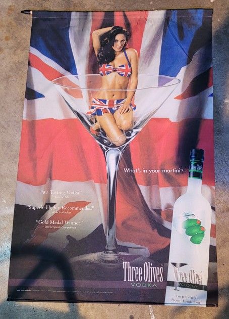 2005 Three Olives Vodka Fabric British Girl Sign 24x37 What in your martini?