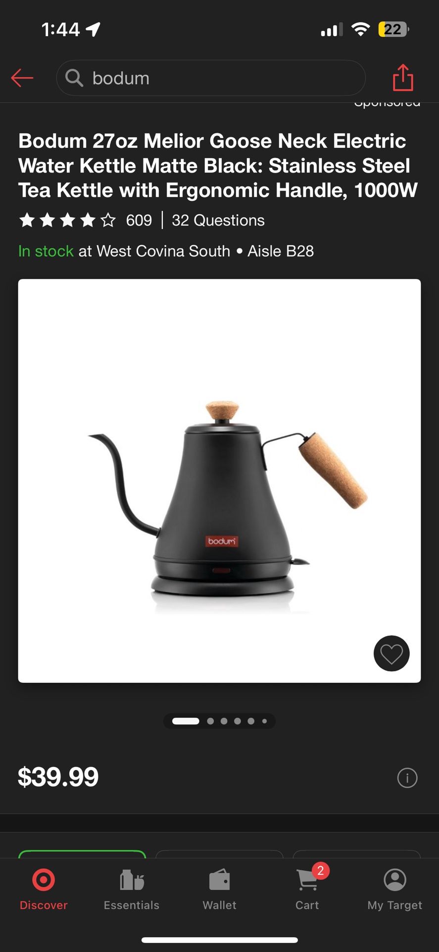 Bodum 27oz Melior Goose Neck Electric Water Kettle Matte Black: Stainless Steel Tea Kettle with Ergonomic Handle, 1000W