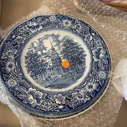 Liberty Blue Staffordshire ironstone dinner plate featuring the Independence Hall design