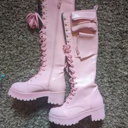 Size 8 Knee High Pink Dolls Kill Boots With Pockets