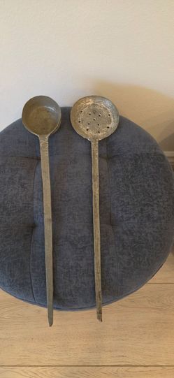 Antique Metal Hand-Forged Long Handle Ladle & Skimmer Set Rustic Farmhouse Decor