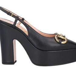 NEW Gucci Nappa Charlotte shamrock leather sling back Pumps heels AUTHENTIC