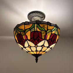 Tiffany Style Ceiling Lights Stained Glass Red Tulips LED Bulbs Included 12”W*12”D*12”H. EP1260
