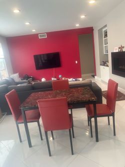 Faux Marble Dining Table Set + 4 Red Chairs