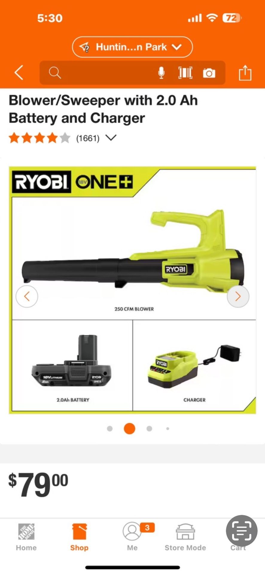 RYOBI ONE+ 18V 90 MPH 250 CFM Cordless Battery