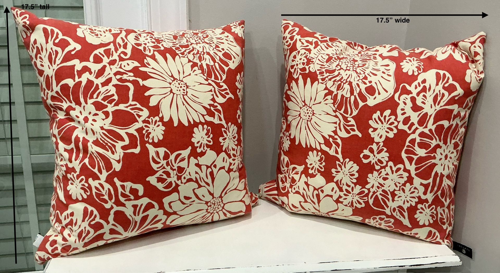 Pair of Large Newport Made in USA Coral & Cream Reversible Throw Pillows with Removable Cases
