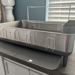 simplehuman Large Capacity Dish Drying Rack with Stainless Steel Frame, 360º Easy Drain Swivel Spout, Utensil & Wine Glass Holder