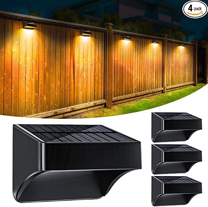 Solar Fence Lights 4 Pack, Solar Outdoor Wall Lights IP65 Waterproof Fence Solar Light, Warm White & RGB Color Glow Light with 8 Specific Colors,