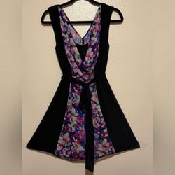 Purple & Black Floral Panel  Sleeveless   Dress