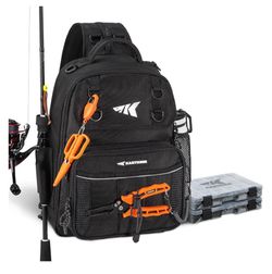 KASTKING BaitSpace Fishing Sling Bag, Fishing Backpack with Rod Holder Water-Resistant Tackle Storage with Soft Bait Binder, Adjustable Tackle Bag for