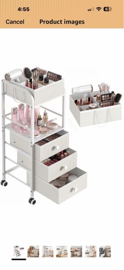 2-in-1 Makeup Organizer Cart with Removable Travel Cosmetic Bag, 5 Tier Rolling Makeup Cart on Wheels with Drawers, Floor Cosmetic Display Cases Holde