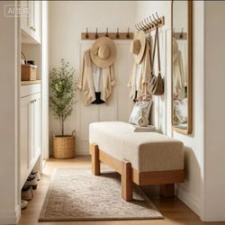 Beige Linen Upholstered Entry Bench, Solid Wood Padded Shoe Ottoman for Foyer & Bedroom