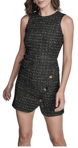 BCBG Womens Sleeveless Jewel Neck Button Split Detail Tweed Mini Dress  Color: Black Multi  Size: 12  Fabric type 100% Polyester Care instructions Dry