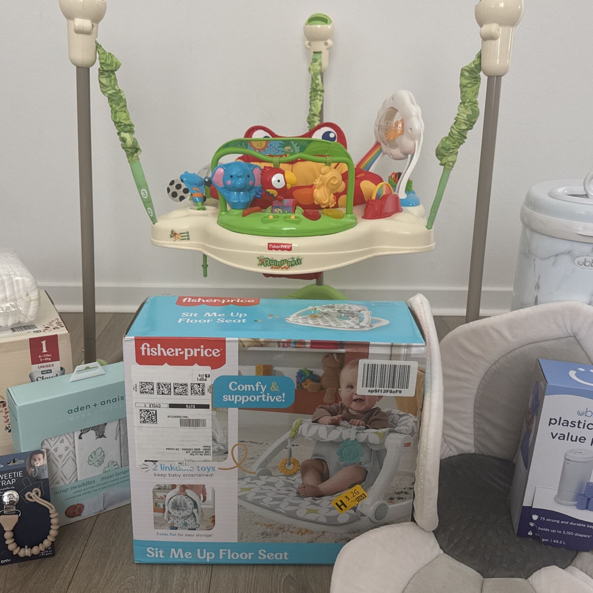 Jumperoo/Diaper Pail/Floor Seat/Swaddles/Diapers/Bath/Pacifier Clip)