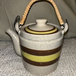 Super Cute Vintage Stone Pottery Striped Teapot With Bamboo Covered Handle